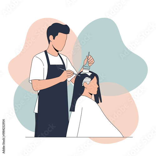 Male Professional Hairdresser Applying Color Dye and Highlighting a Woman's Hair in a Beauty Salon Vector Illustration