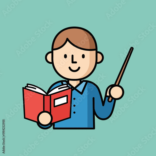Cartoon Teacher Character Holding an Open Red Book and a Pointer Stick for Education and School Lessons