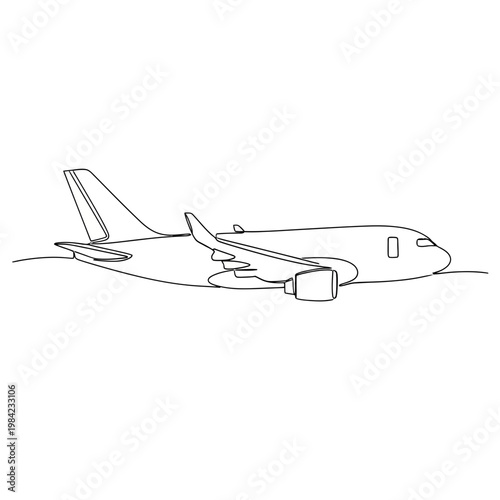 Minimalist continuous line drawing of a commercial airplane flying, aviation and travel concept vector illustration isolated on white background.