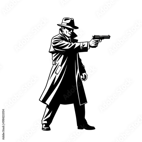Noir Detective in Trench Coat and Fedora Aiming a Handgun Vector Illustration
