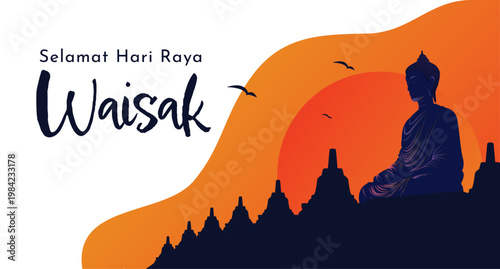 Vesak Day Banner Design with Sunset Landscape Illustration, Buddha Silhouette, Temple Skyline, and Orange Gradient Spiritual Background