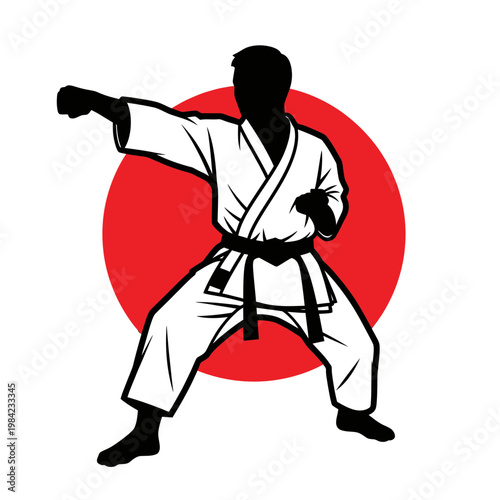 Martial Artist Performing Karate Punch Silhouette with Red Sun Background, Japanese Combat Sports Illustration