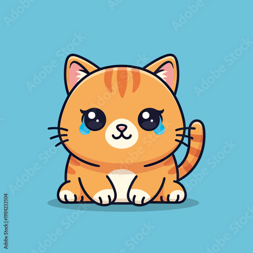 Cute Kawaii Orange Crying Kitten Illustration, Sad Ginger Cat with Big Teary Eyes Vector Character on Blue Background