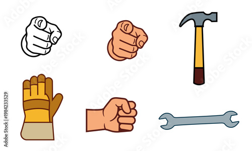 Collection of  Essential Hand Tools Guide Gloves Hammer Wrench and Hand Gestures