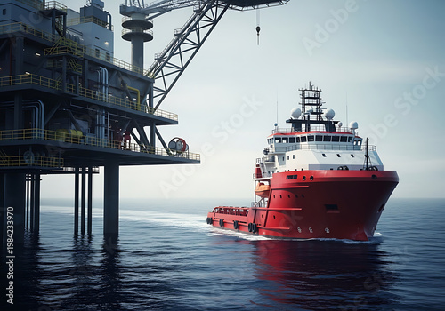 Offshore oil rig and supply vessel in murky waters a scene of maritime industry