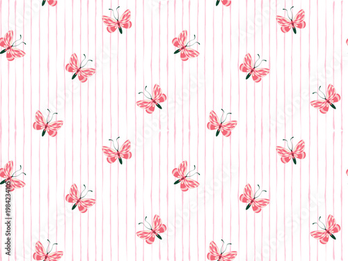Seamless vector pattern with small pink butterflies on striped background. Soft feminine textile design for baby bedding, nursery fabric, bed linen, kids textiles, wallpaper, delicate surfaces