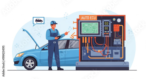 Mechanic Inspecting Car Engine with Diagnostic Equipment.
