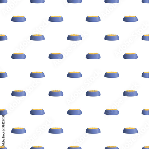 Blue pet food bowls filled with dry kibble creating a seamless pattern