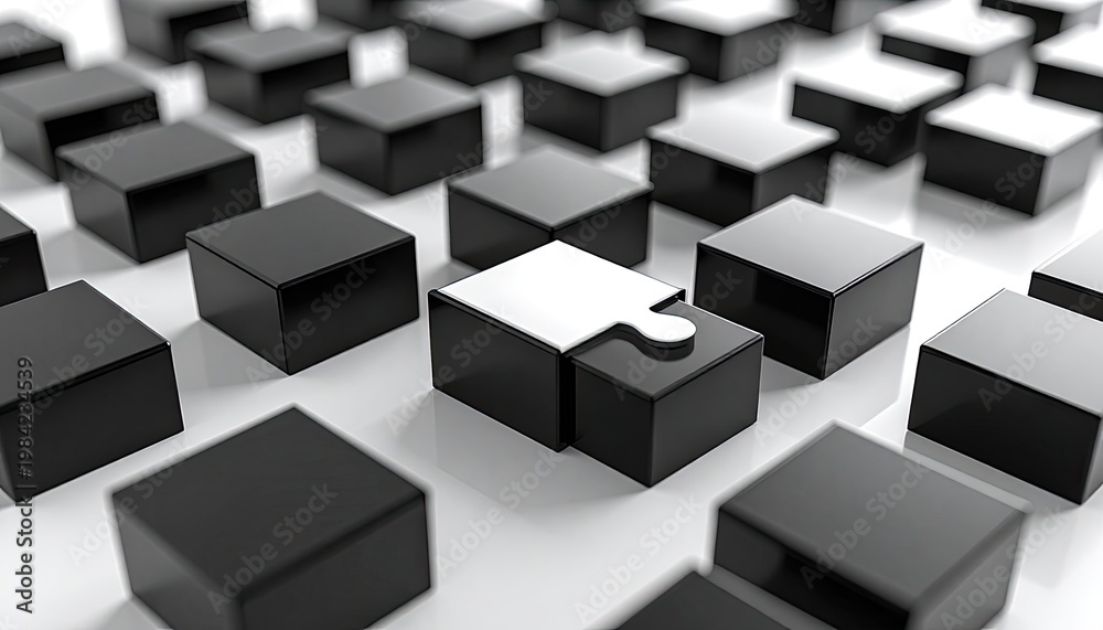 Fototapeta premium A single white puzzle piece is about to connect to a black cube, standing out from a grid of black cubes.