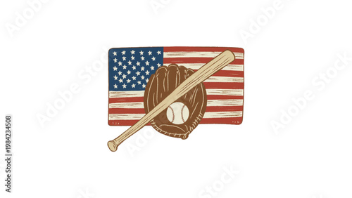 vintage american flag and baseball bat and baseball glove on white background