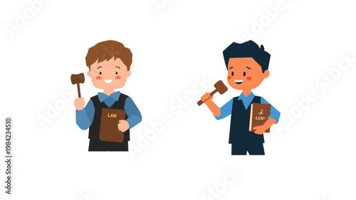 Illustration of a cheerful young boy holding a wooden gavel and a law book