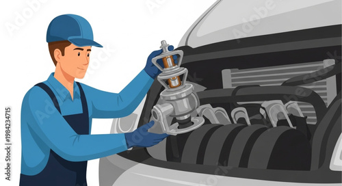 Mechanic holding car engine part for repair.