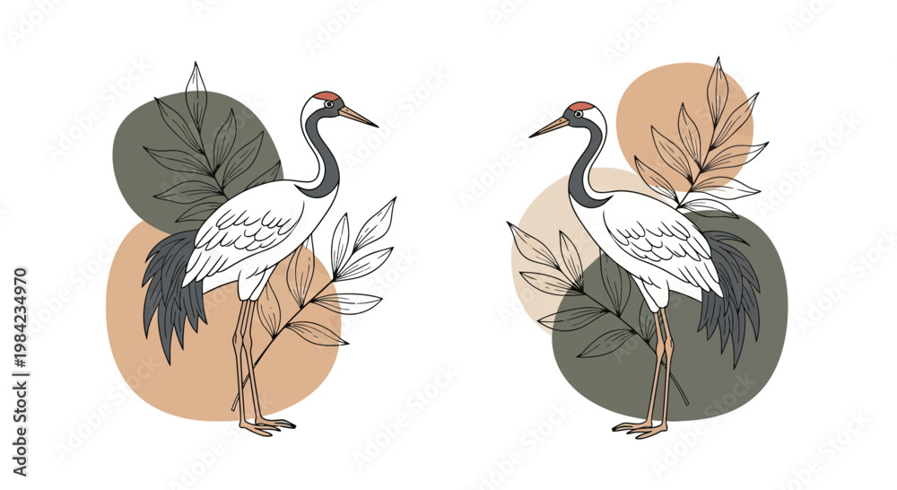 Fototapeta premium Elegant Japanese Crane Line Art Vector Illustration with Botanical Elements and Abstract Organic Shapes on White Background