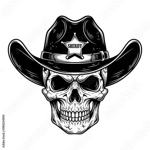 Vintage Cowboy Sheriff Skull Wearing a Western Hat and Star Badge, Monochromatic Vector Illustration
