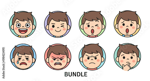 Set of cartoon boy character avatars with different facial expressions and emotions