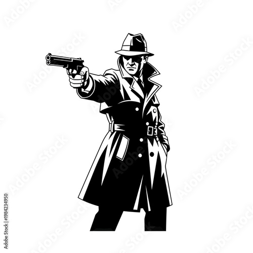 Secret Agent or Detective in Trench Coat and Fedora Aiming a Handgun, Noir Style Black and White Vector Illustration