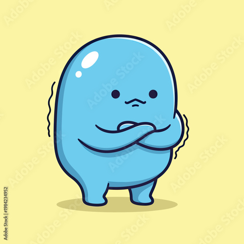 Cute Blue Blob Character Shivering with Crossed Arms Feeling Cold Kawaii Vector Illustration