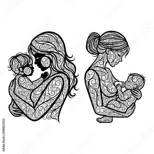 Intricate art of motherhood: breastfeeding and bonding in elegant line art Vector, illustration