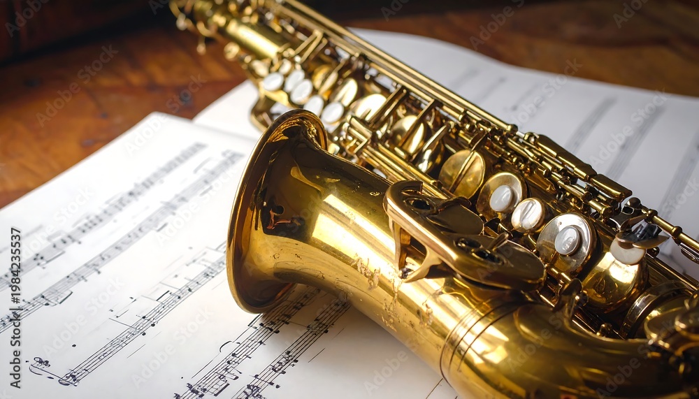 Fototapeta premium A shiny brass saxophone on sheet music (1)
