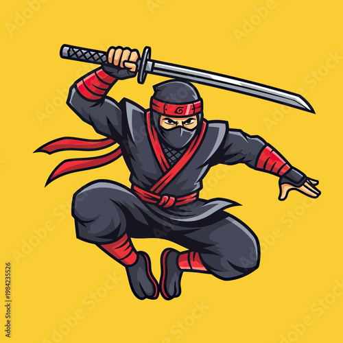 Ninja Warrior Jumping with Katana Sword, Japanese Shinobi Assassin Mascot Character Vector Illustration