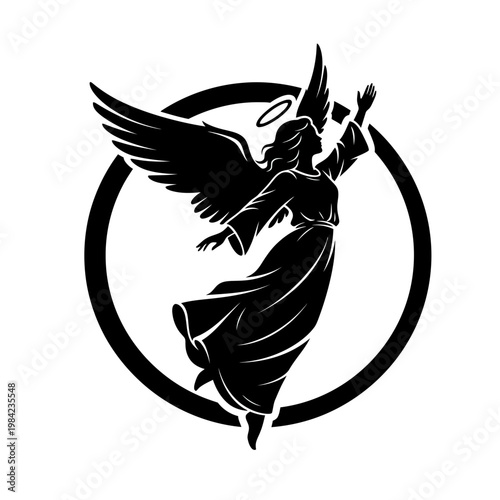 Silhouette Vector Illustration of a Flying Angel with Wings and Halo Inside a Circle, Religious and Spiritual Concept