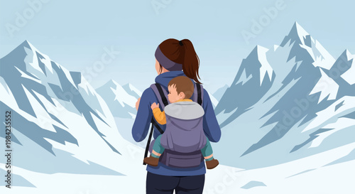Back view of a woman hiking in snow-covered mountains with a baby in a back carrier, flat vector illustration of a mother and child exploring a winter landscape outdoor adventure.