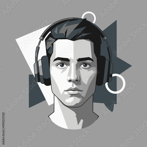 Grayscale Vector Portrait of a Young Man Wearing Professional Over-Ear Headphones for Music, Gaming, or Podcasting