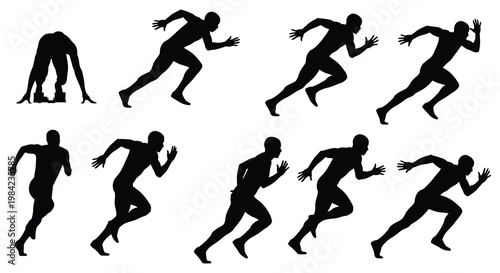 A collection of dynamic running figures depicted in stark black silhouettes showcasing athletic movement and energy silhouette high quality professional detailed