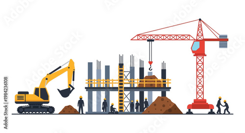 A colorful illustration depicts a busy construction site with workers machinery and structural elements silhouette high quality professional detailed modern elegant