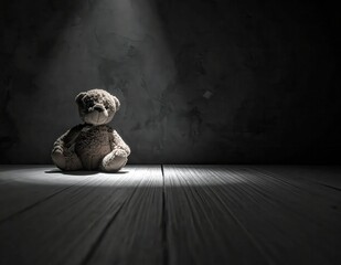 Soft teddy bear toy in spotlight on wooden floor with dark textured wall background