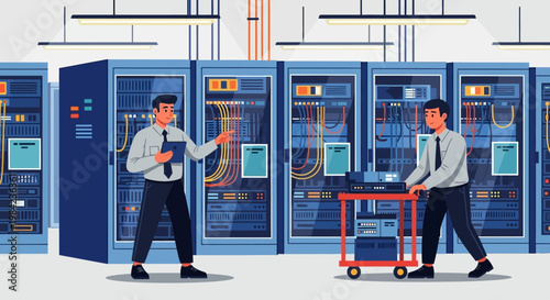 Illustration of two technicians working on server cabinets in a data center with a cart