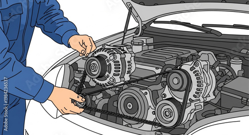 Mechanic Inspecting Car Engine Belt System.