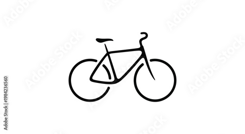 A minimalist black line drawing depicts a classic bicycle against a white background emphasizing its form as a silhouette high quality