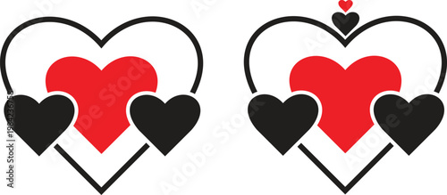 ed and Black Heart Contour Vector Love Symbol Set, Valentine’s Day Romantic Icons, Social Media Like Notification Style Heart Shapes Collection