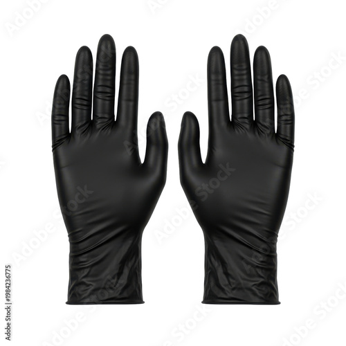 Pair of black disposable nitrile gloves isolated on white background, protective medical gear.