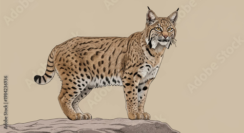 Vector illustration of a North American bobcat (Lynx rufus) with spotted fur and tufted ears standing on a rocky outcrop against a neutral beige background in profile view.