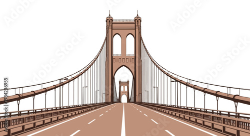 Illustration of a suspension bridge with a brown road and white markings on a plain background