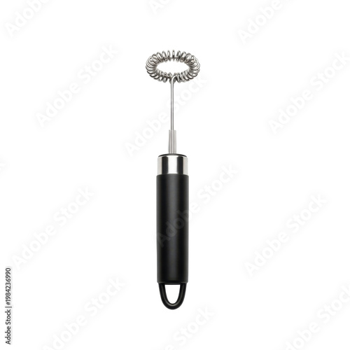 Handheld electric milk frother with black handle and stainless steel whisk isolated on white background