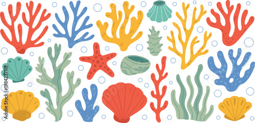 Underwater coral reef life set with colorful sea plants shells starfish and water bubbles isolated on decorative grey background.