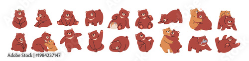Cute baby bears set. Funny comic animal character in sitting, standing, lying poses. Couple hugging, playing, waving with paw. Playful teddy. Flat vector illustration isolated on white background