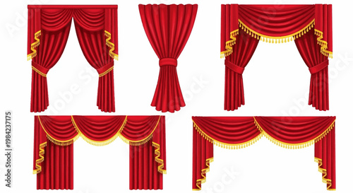 Collection of red curtain swags and drapes with gold trim on white background