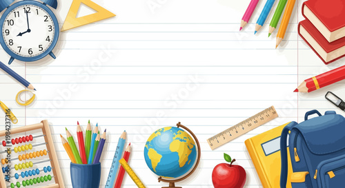 Colorful flat lay of school supplies on lined paper background