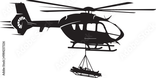 Black helicopter silhouette, rescue operation, aerial lift, vector icon