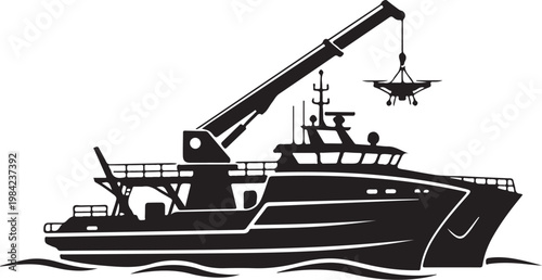 Black boat, fishing vessel, crane ship, silhouette illustration, vector graphics