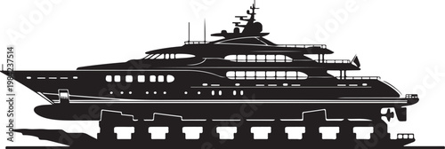 Luxury yacht, mega yacht, boat, vessel, black silhouette, vector illustration, nautical design, marine craft