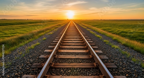 Sunset glow along the endless railway tracks stretching into the horizon illustration