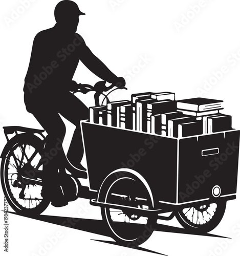 Black silhouette of a delivery man on a bicycle with a cargo box full of packages