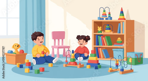 Vector illustration of a boy and girl playing with educational wooden toys, bead mazes, and stacking blocks on a blue rug in a sunlit playroom with a bookshelf and pink chair.