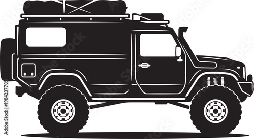 Black SUV, off-road vehicle, 4x4 truck, silhouette illustration, camping car