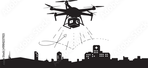 Drone, cityscape, silhouette, black and white, aerial view, urban landscape, vector icon